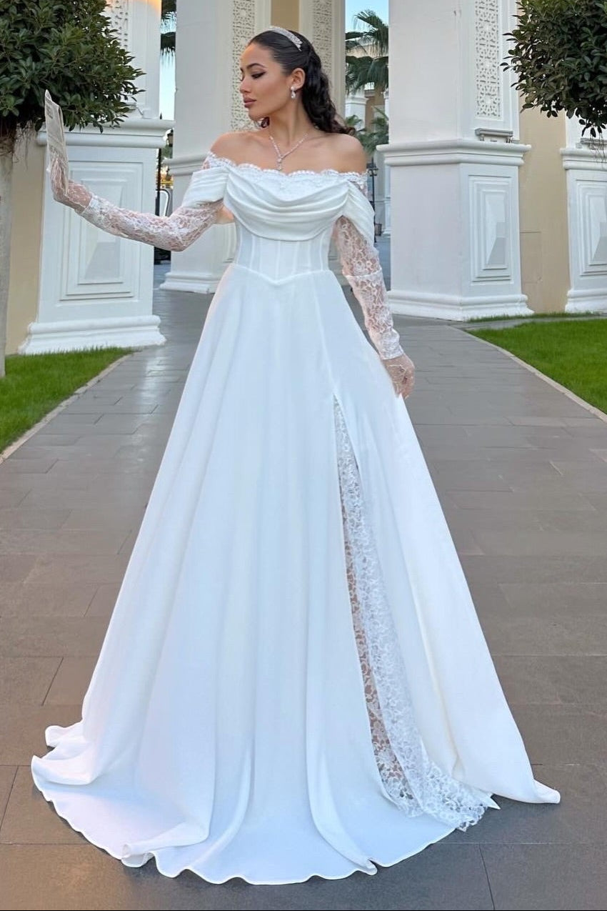 Off-Shoulder Lace Sleeve A-Line Wedding Dress