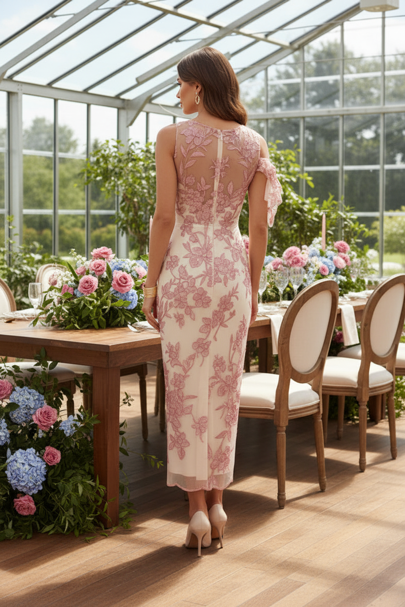 One-Shoulder Floral Embroidered Column Dress
