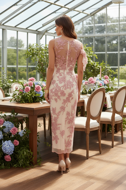 One-Shoulder Floral Embroidered Column Dress