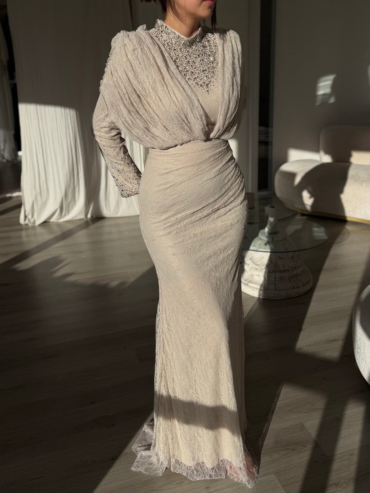 Ruched Lace Gown with Embellished High Neck