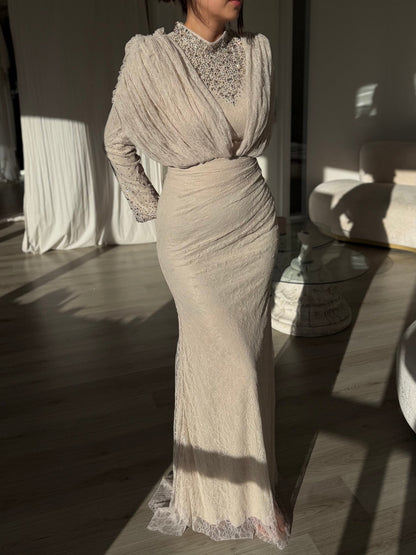 Ruched Lace Gown with Embellished High Neck