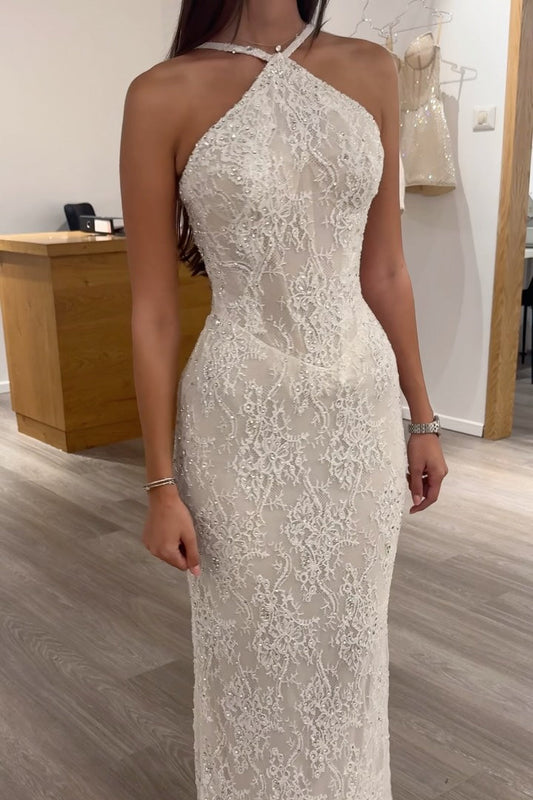 Halter Neck Beaded Lace Sheath Evening Dress