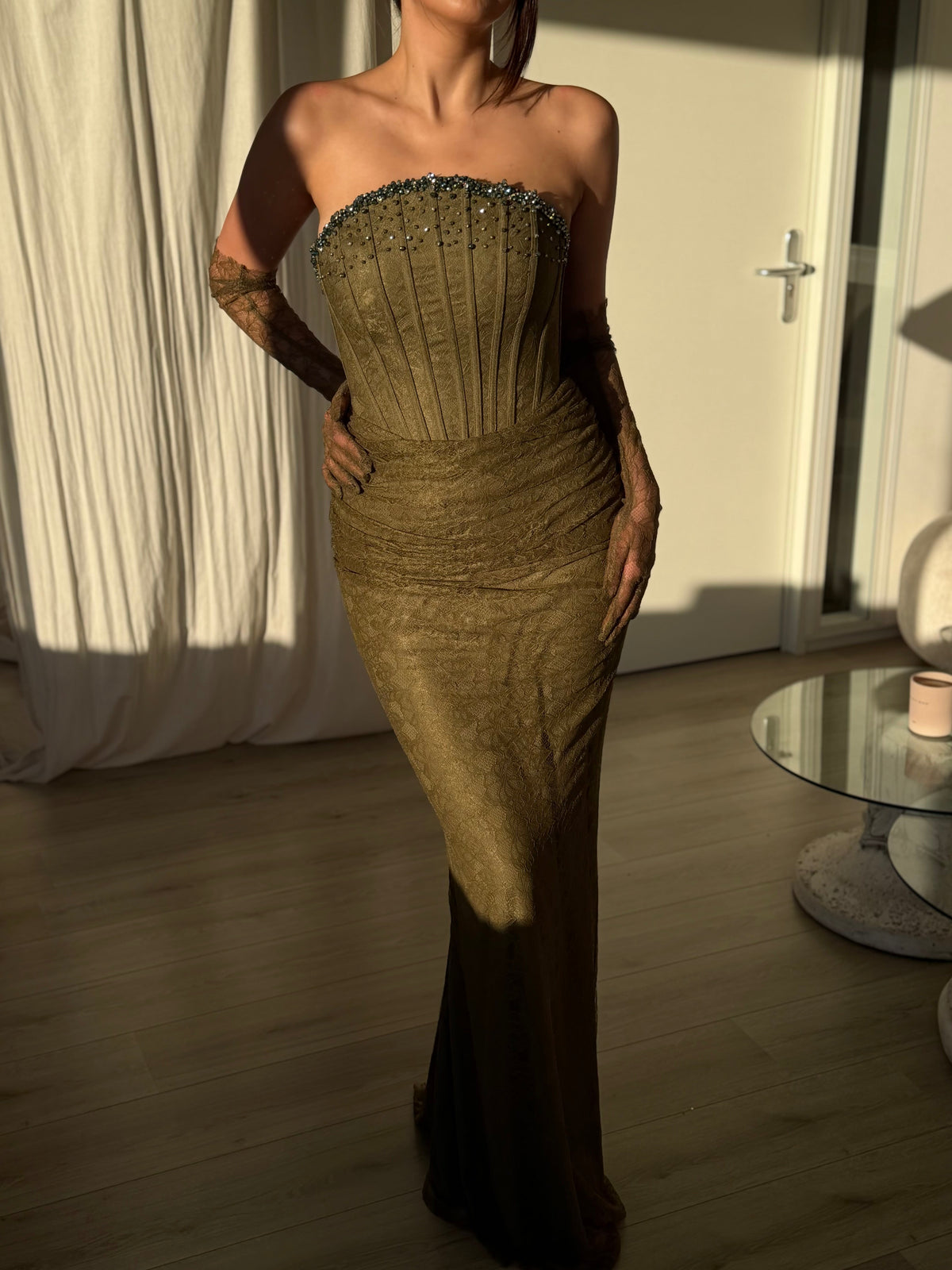 Strapless Lace Corset Evening Gown with Gloves