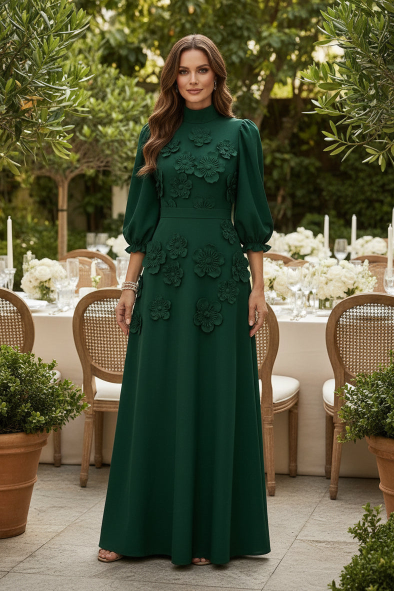 High-Neck 3D Floral Applique Maxi Dress