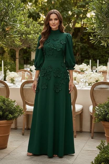 High-Neck 3D Floral Applique Maxi Dress