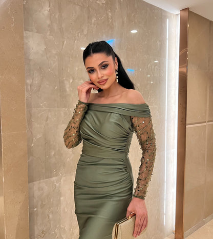 Off-the-Shoulder Ruched Satin Mermaid Gown