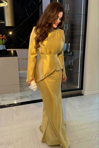 Asymmetrical Peplum Long Sleeve Maxi Evening Gown