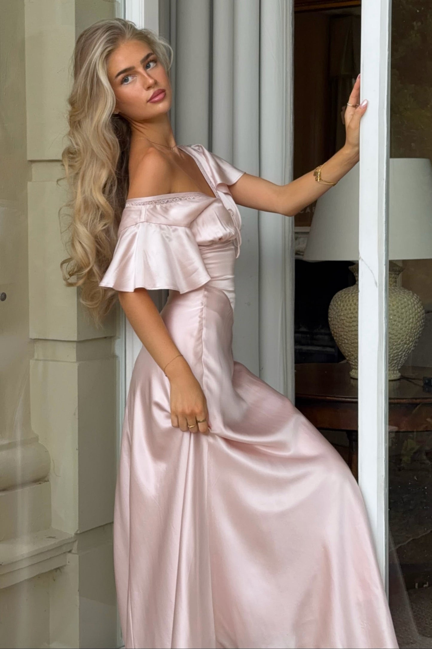 Off-Shoulder Satin Flutter Sleeve Maxi Dress