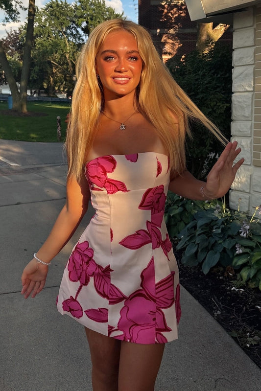 Strapless Floral Print Fit and Flare Mini Dress