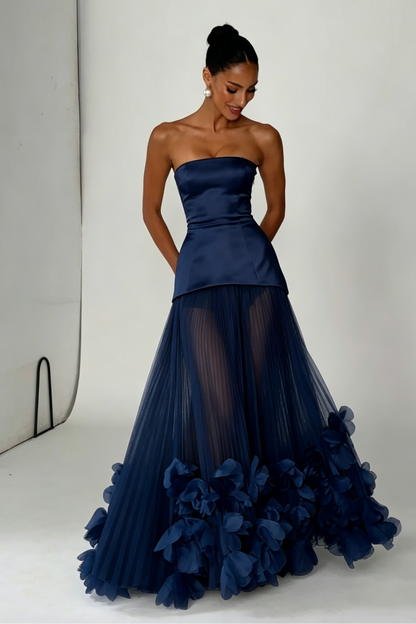 Strapless Pleated Evening Gown with 3D Floral Hem
