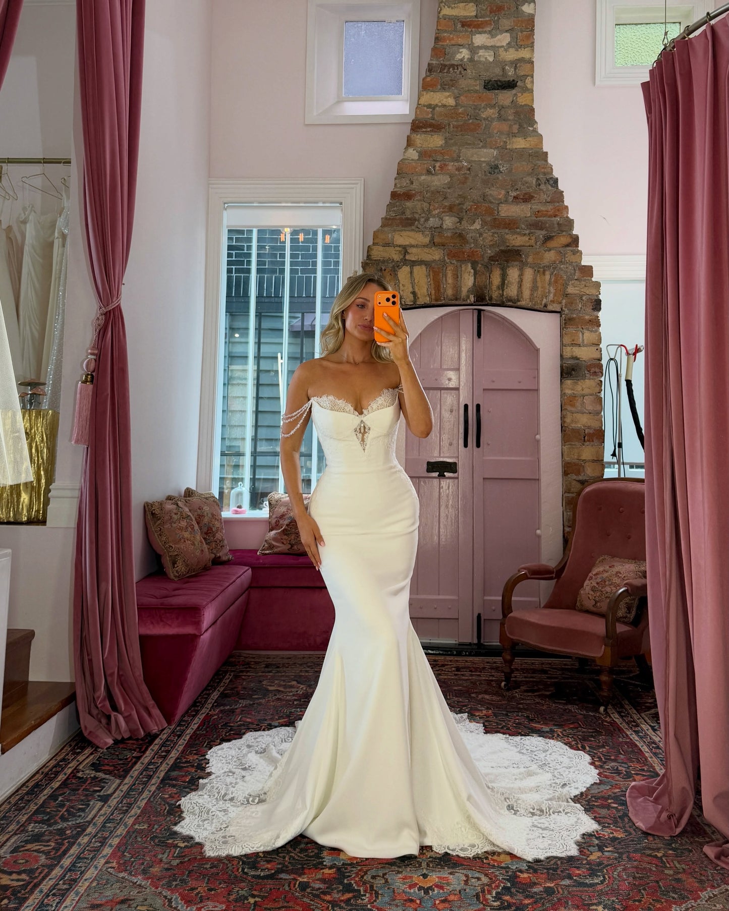 Off-Shoulder Satin Mermaid Wedding Gown with Lace Train