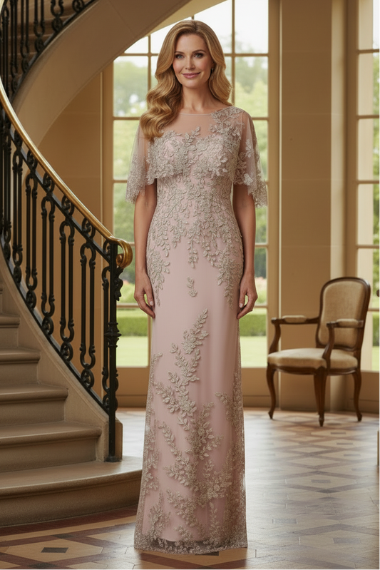 Illusion Lace Cape Sheath Evening Gown