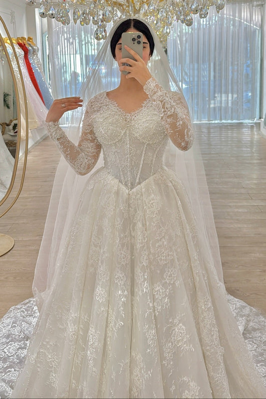 Corset Lace Ball Gown Wedding Dress with Long Sleeves