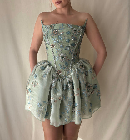Floral Embroidered Corset Bubble Mini Dress