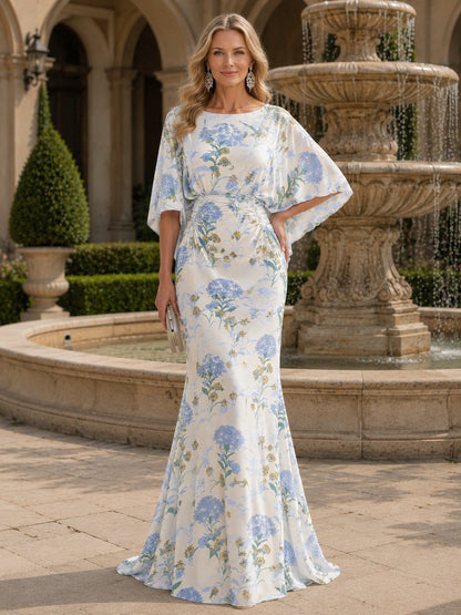 Floral Ruched Mermaid Gown with Flutter Sleeves