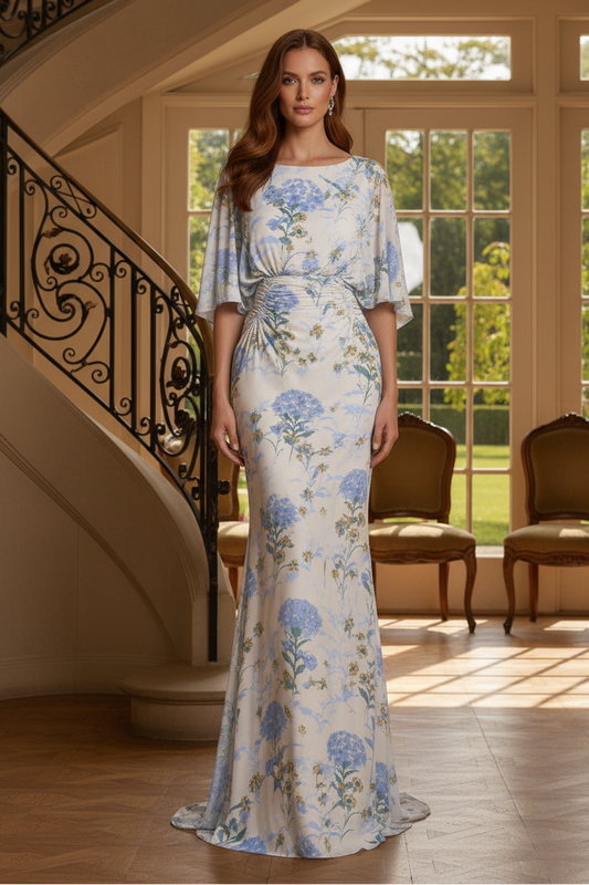 Floral Ruched Mermaid Gown with Flutter Sleeves
