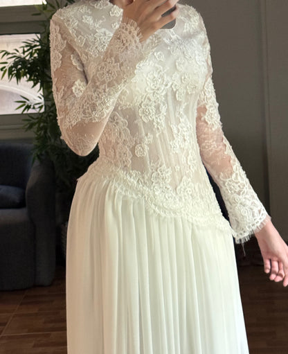 High Neck Lace Long Sleeve Asymmetrical Wedding Dress