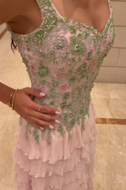 Embroidered Beaded Tiered Pleated Gown