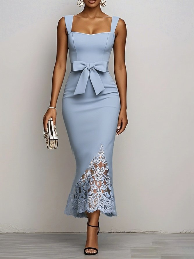 Bow Waist Lace Hem Midi Dress