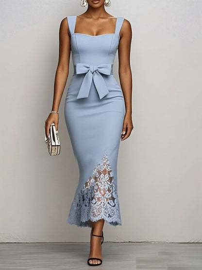 Bow Waist Lace Hem Midi Dress