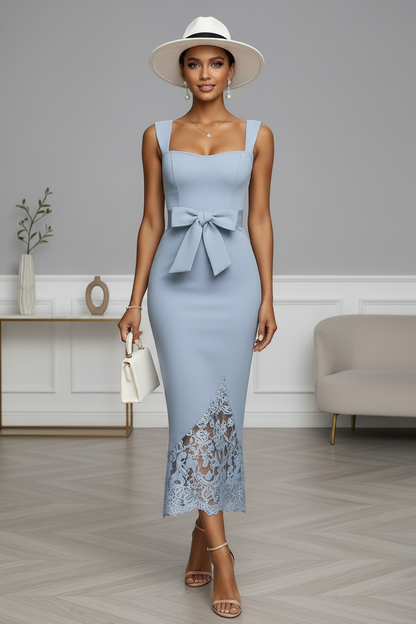 Bow Waist Lace Hem Midi Dress