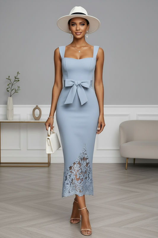 Bow Waist Lace Hem Midi Dress