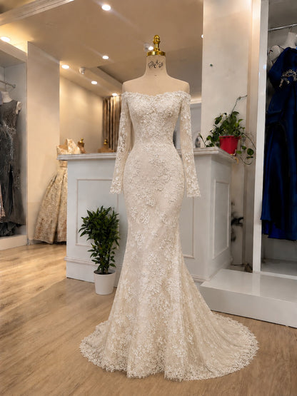 Off-the-Shoulder Long Sleeve Lace Mermaid Wedding Dress