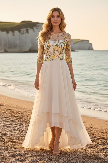 Floral Embroidered Illusion High-Low A-Line Dress