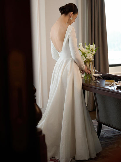 Minimalist Bateau Neck Long Sleeve A-Line Wedding Dress