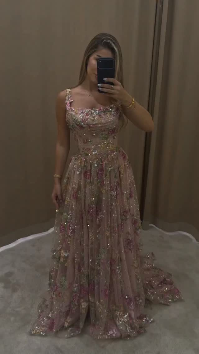 Floral Sequin Square Neck A-Line Gown