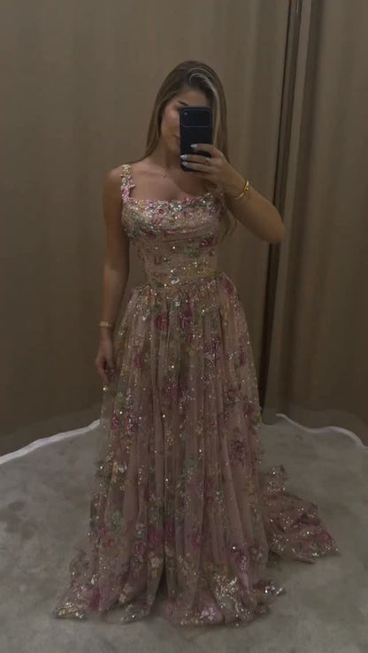Floral Sequin Square Neck A-Line Gown