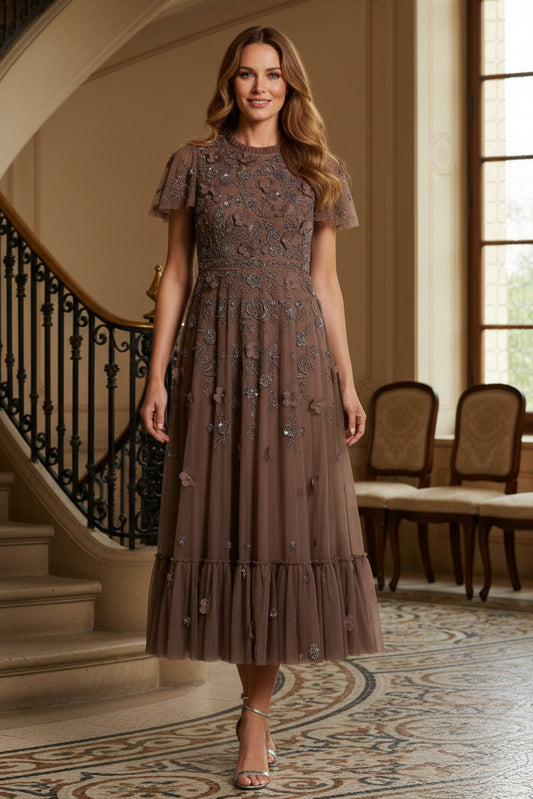 3D Floral Embroidered Tulle Midi Dress