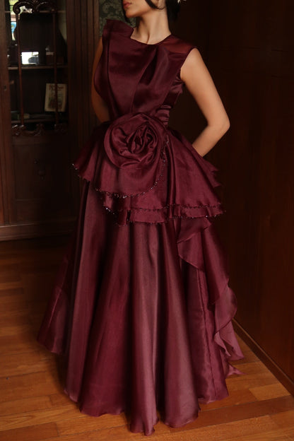 Sleeveless Maxi Gown with Rosette Peplum