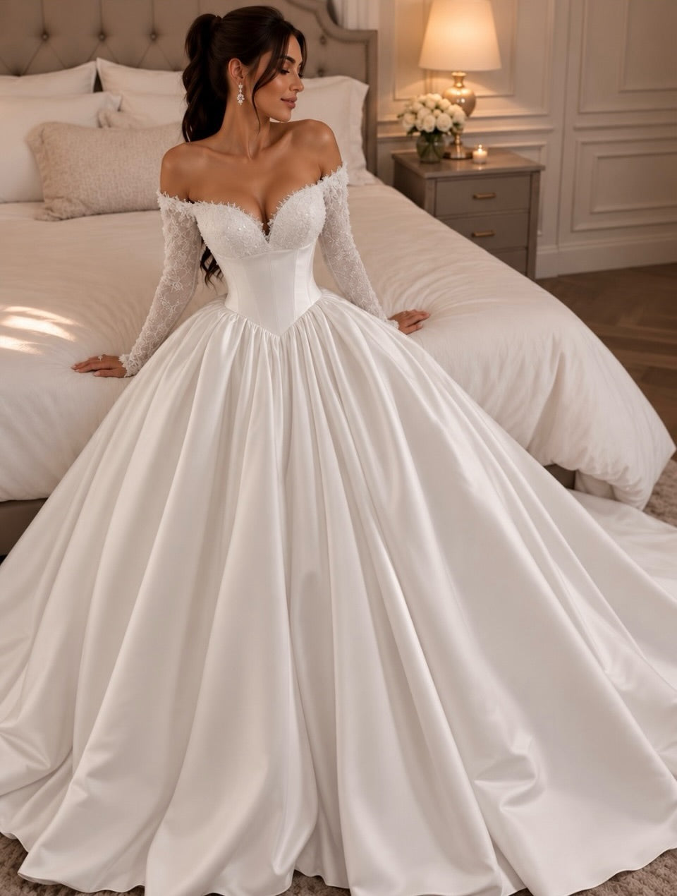 Off-Shoulder Long Sleeve Corset Ball Gown Dress