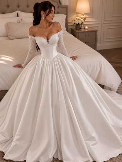 Off-Shoulder Long Sleeve Corset Ball Gown Dress