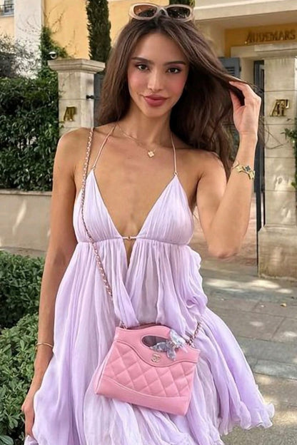 Pleated Halter Chiffon Mini Dress