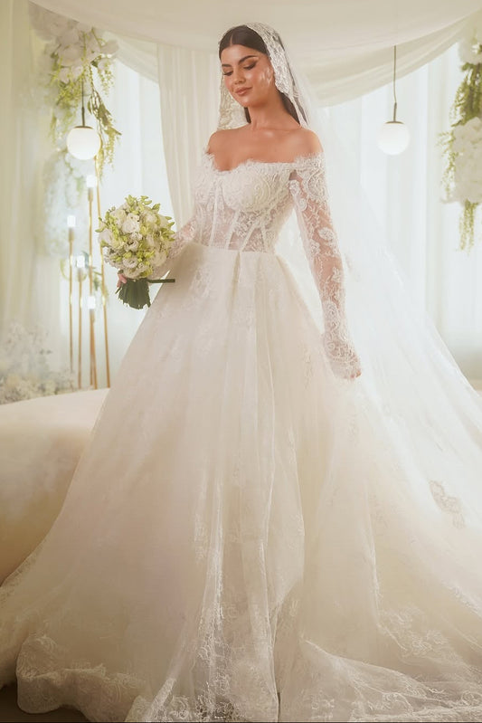 Off-Shoulder Lace Ball Gown Wedding Dress