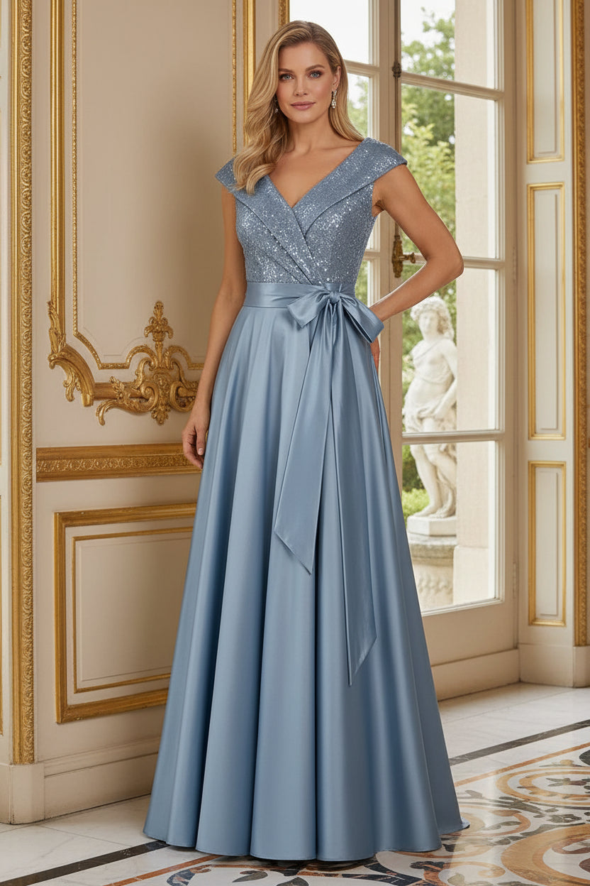 Sequin Wrap Bodice Satin A-Line Evening Gown