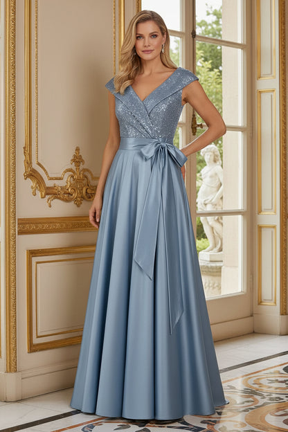 Sequin Wrap Bodice Satin A-Line Evening Gown