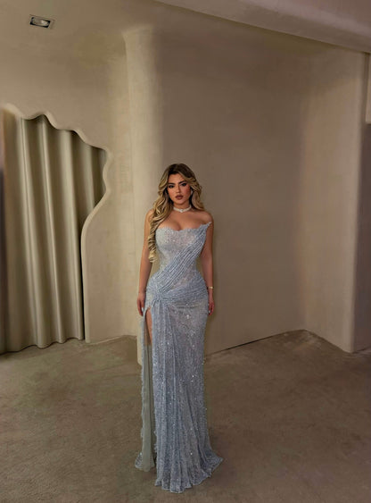 Glittering Strapless Evening Gown with High Slit