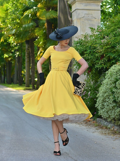 Belted A-Line Midi Dress with Short Sleeves