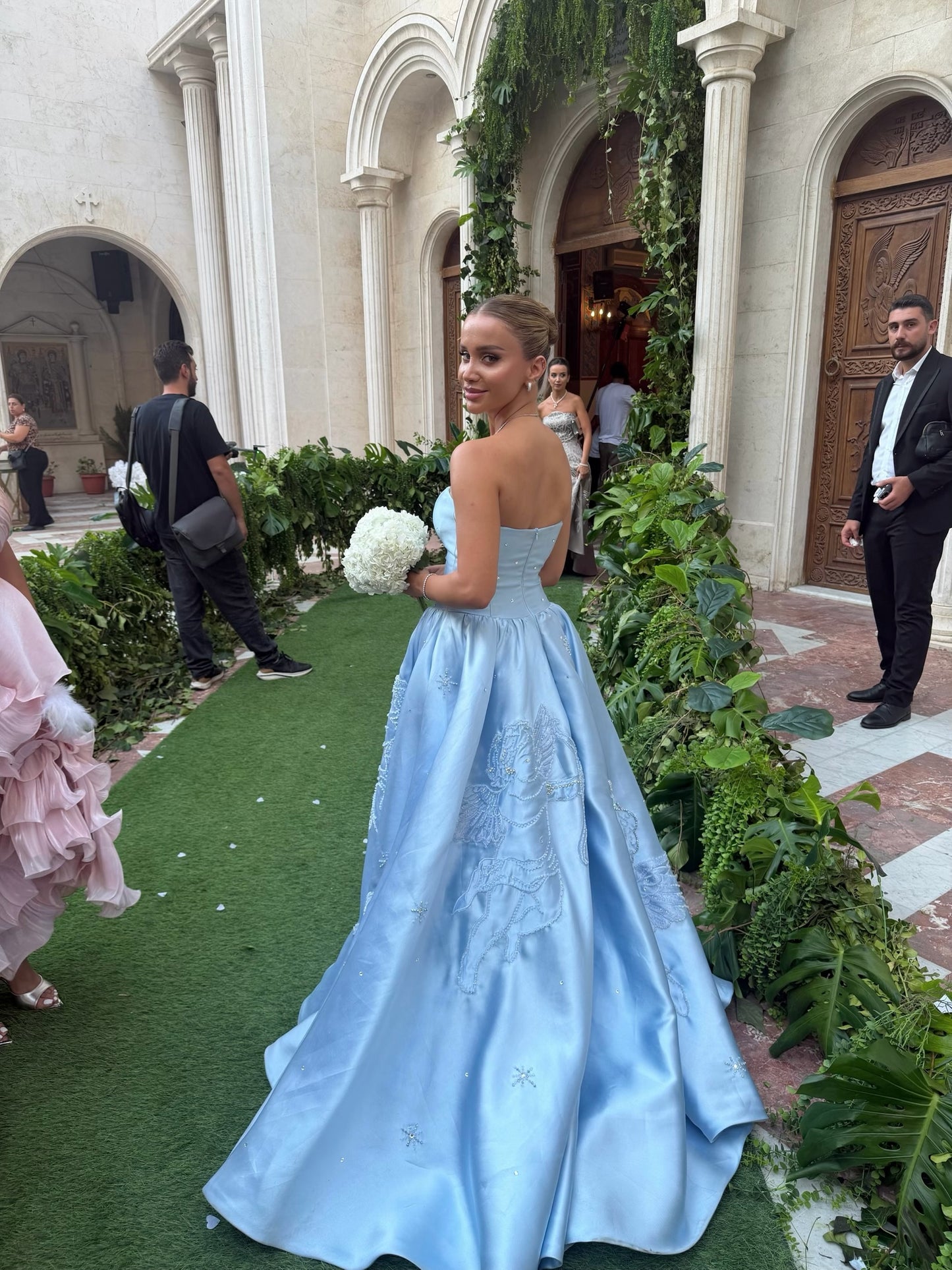 Strapless Cherub Embroidered Ball Gown