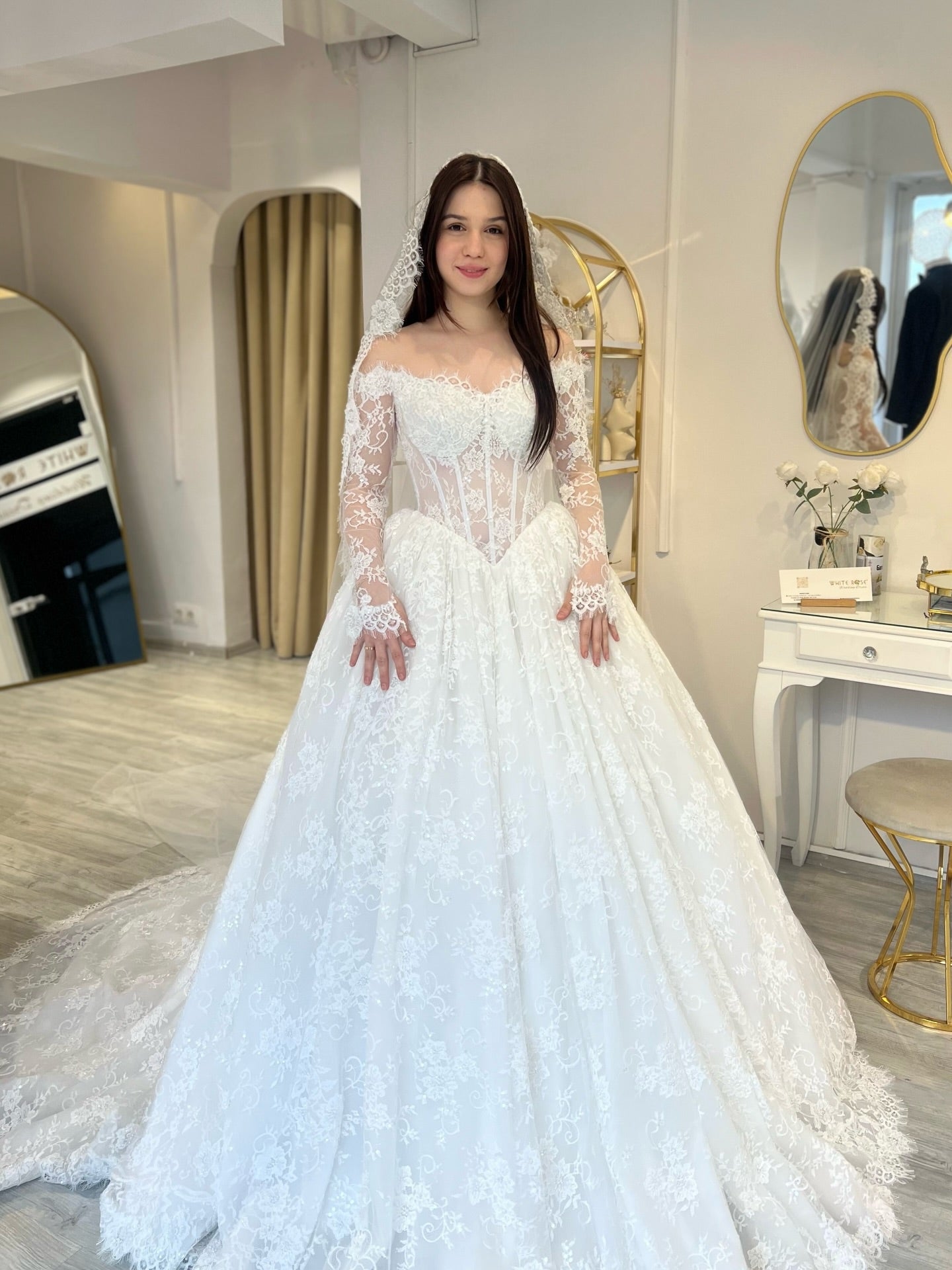 Off-Shoulder Lace Corset Ball Gown Wedding Dress