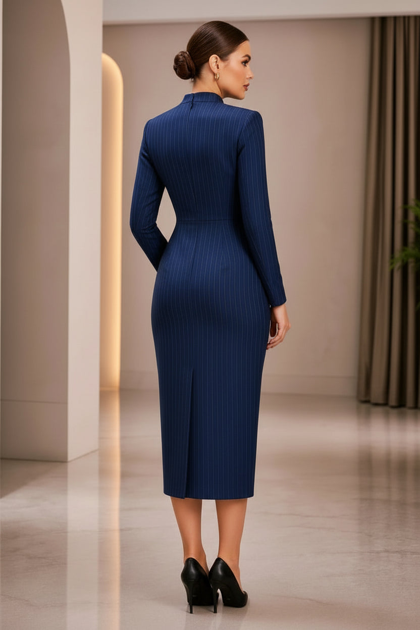 Pinstripe Button-Front Midi Sheath Dress