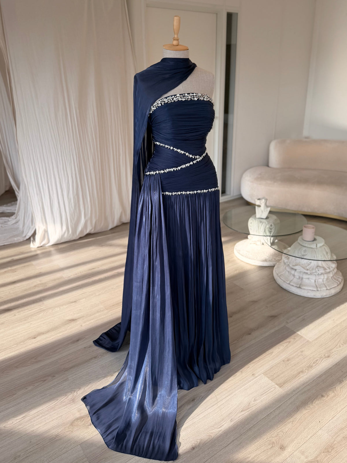 Ruched Column Gown with Draped Cape and Crystal Trim