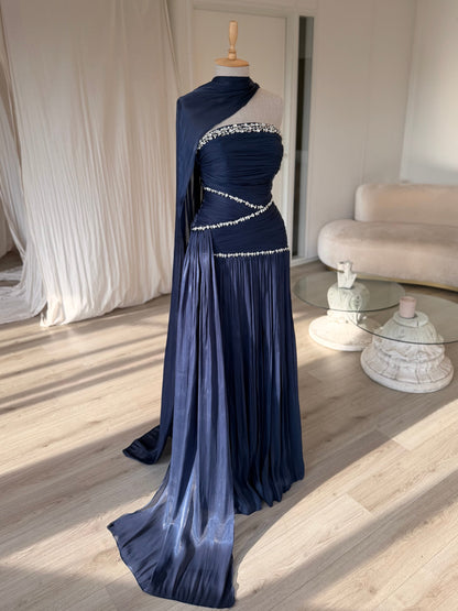 Ruched Column Gown with Draped Cape and Crystal Trim