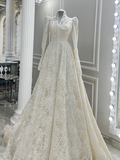 Elegant High Neck A-Line Lace Wedding Gown
