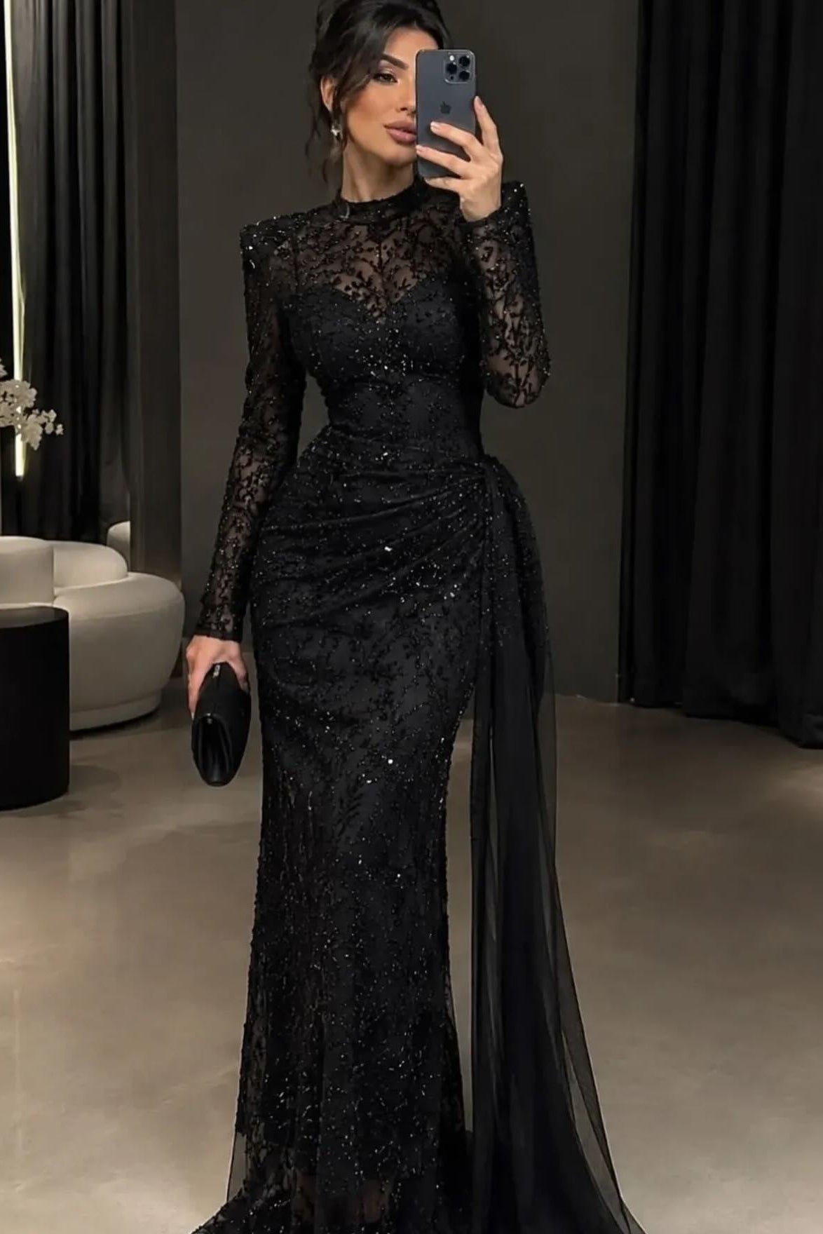 Embellished Illusion High Neck Evening Gown with Drape