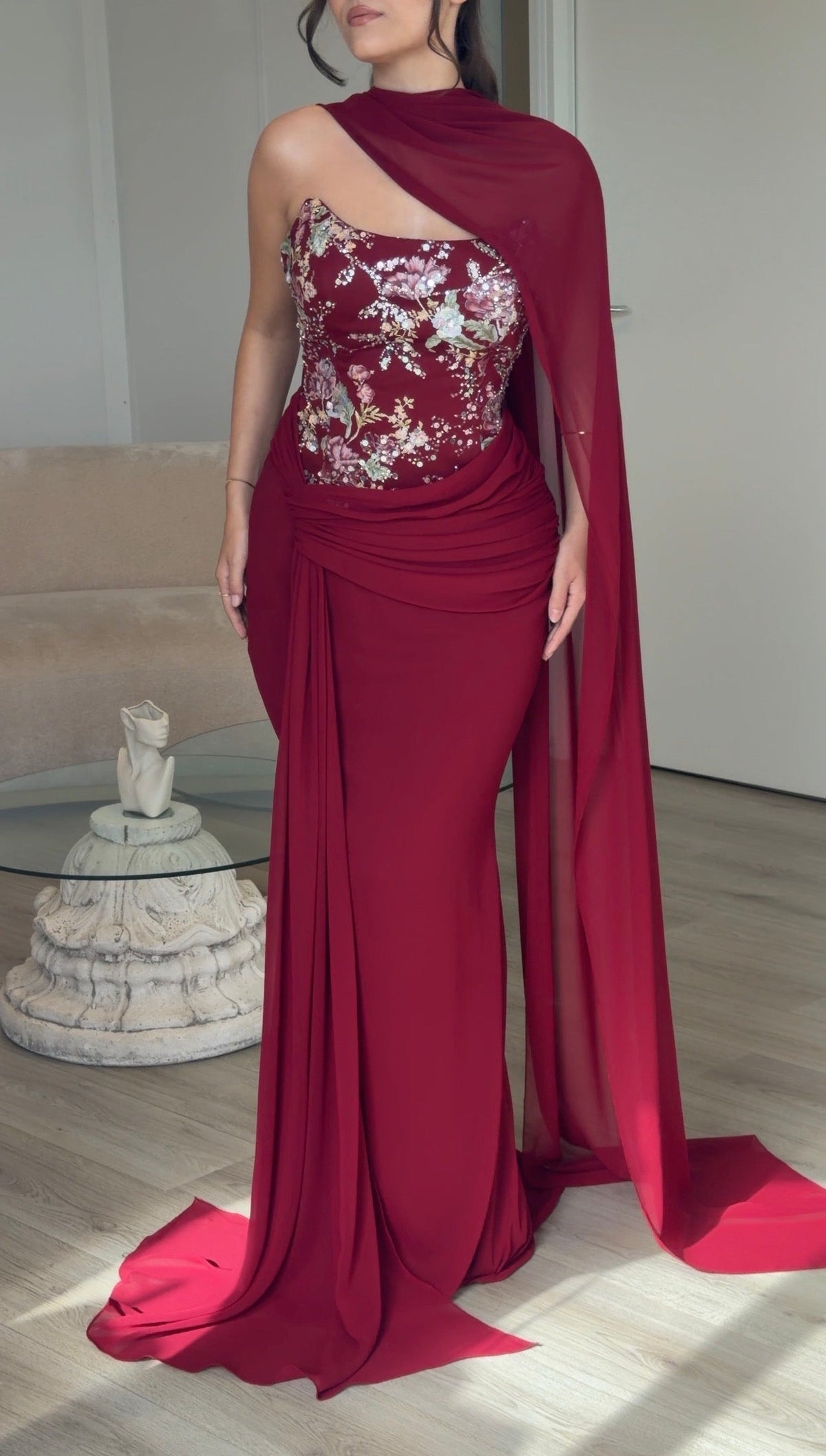 Embroidered Corset Gown with Scarf Cape