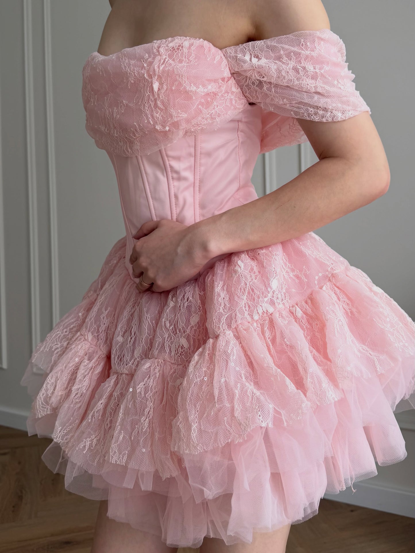 Off-the-Shoulder Corset Tiered Tulle Mini Dress